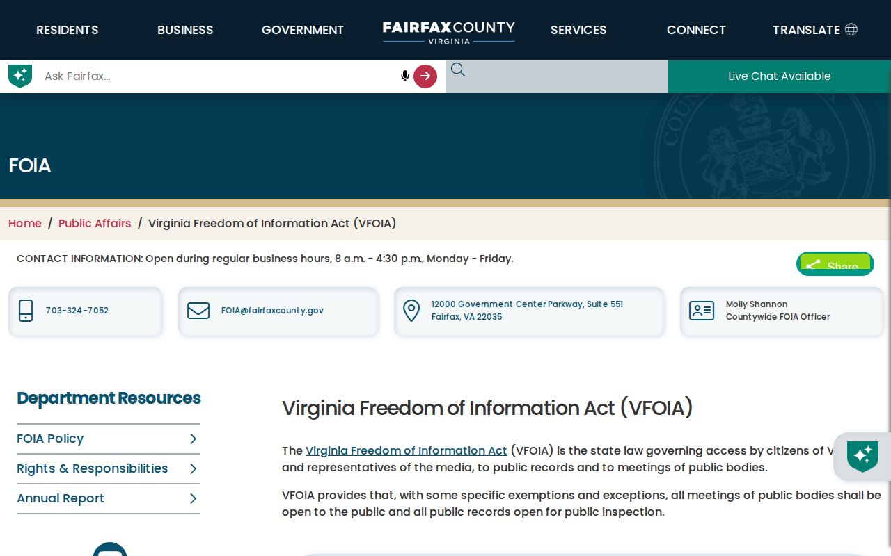 Centreville resident records Fairfax County VFOIA request information