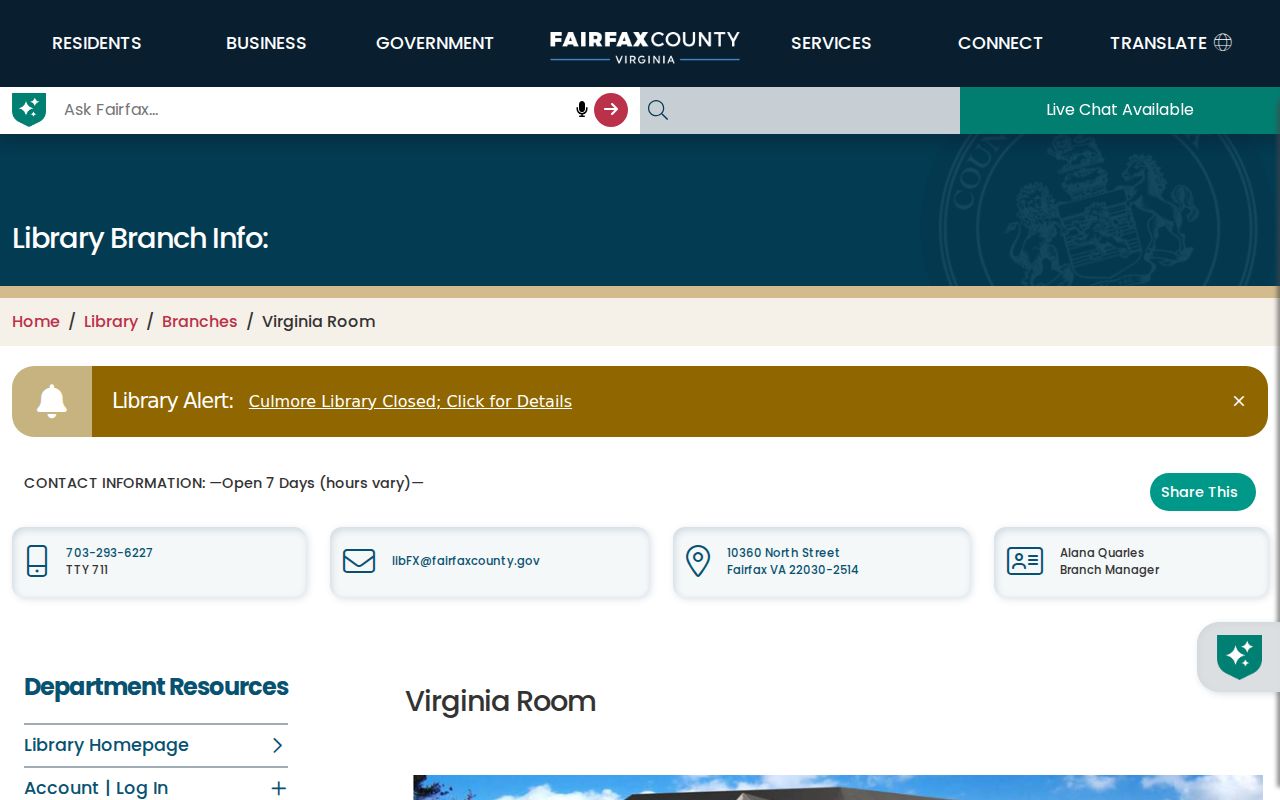 Centreville resident records Fairfax Virginia Room local history resources