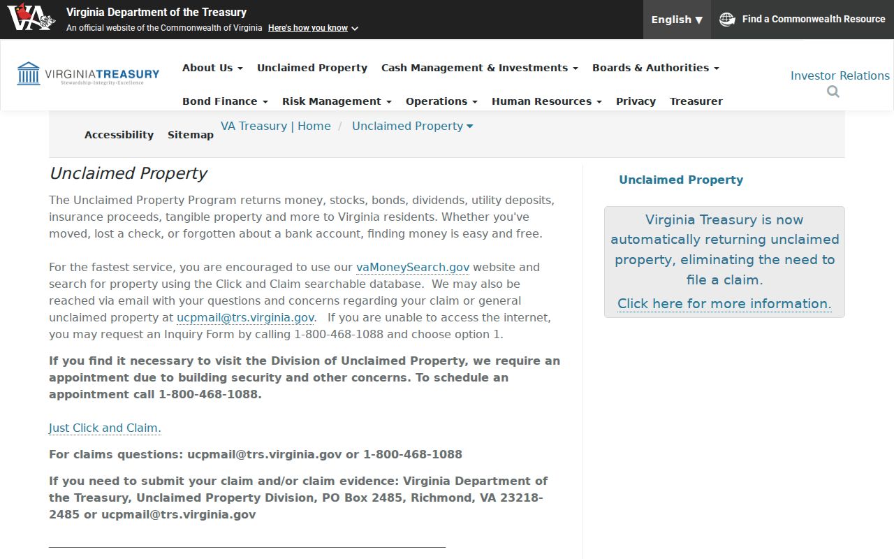 Centreville resident lookup lead from Virginia unclaimed property
