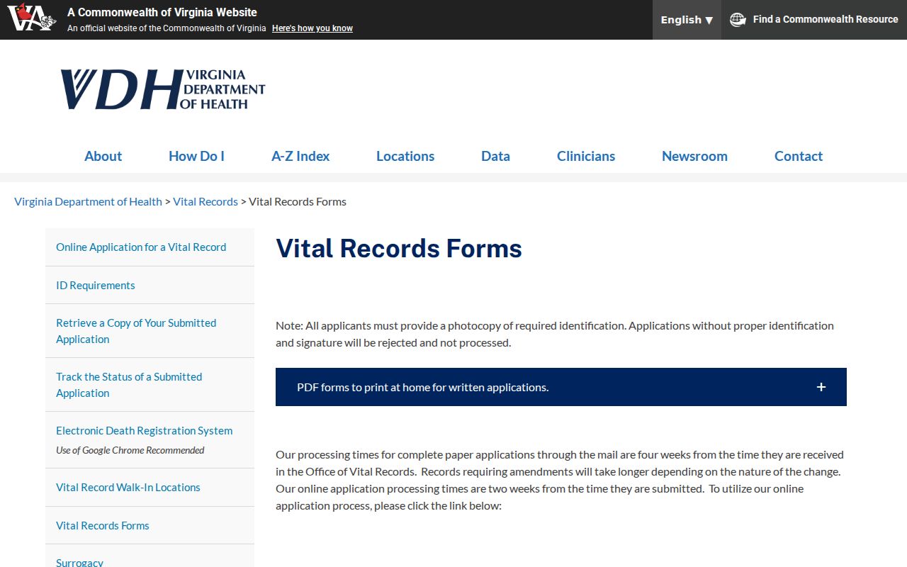 Centreville resident records Virginia vital records forms